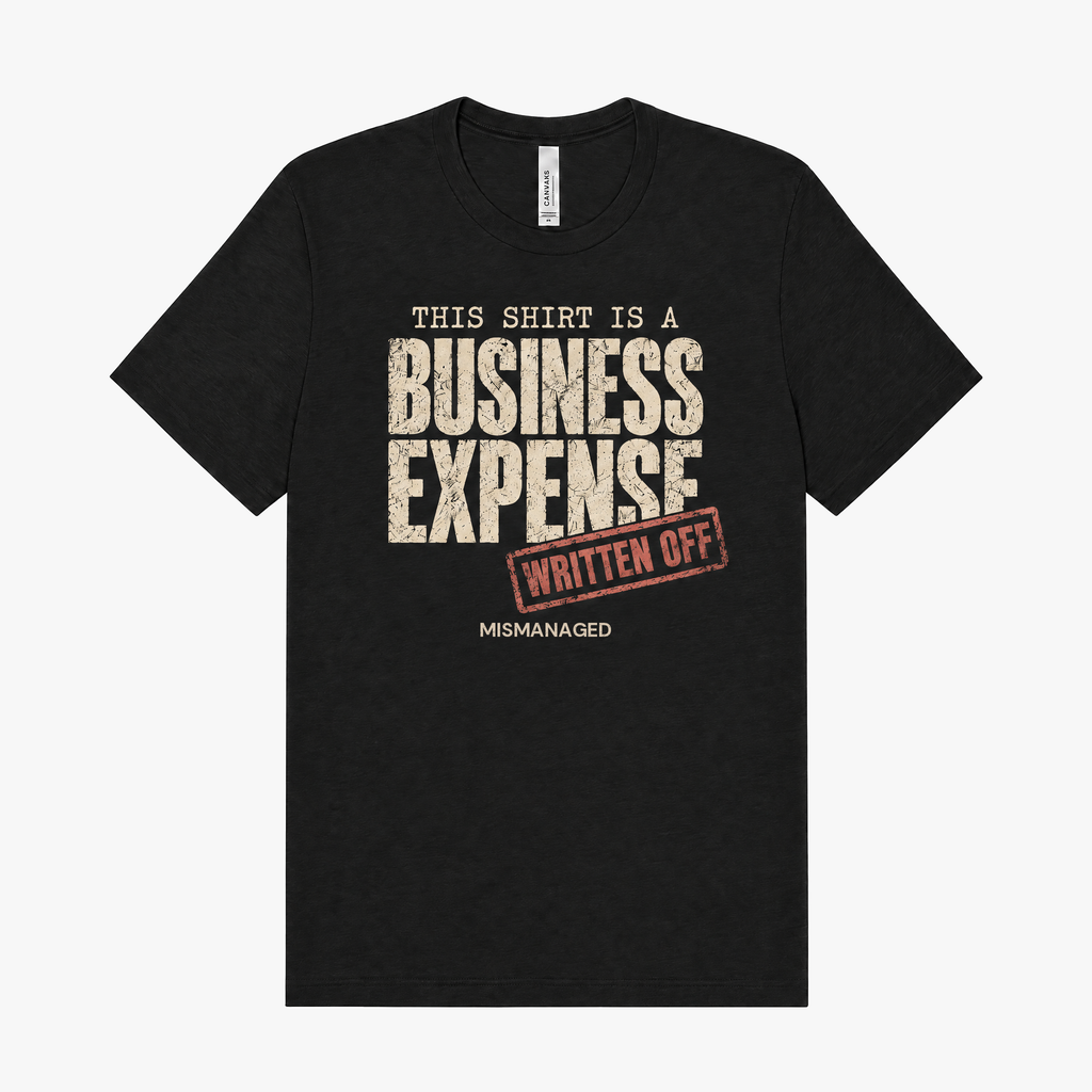 Business Expense Tee in black, front view, vintage business expense lettering, design mockup