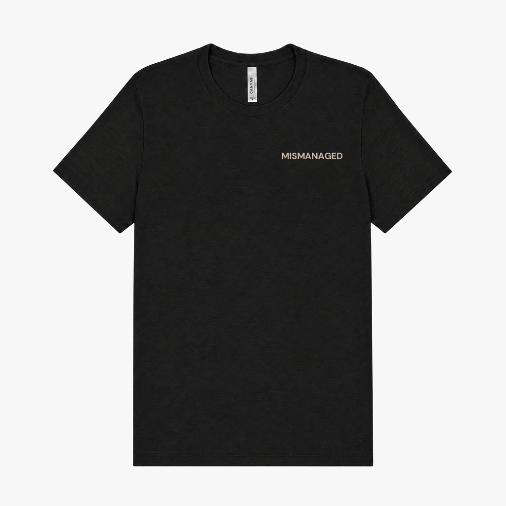 Second Invoice Tee in black, front view, small MISMANAGED wordmark on the left chest, design mockup