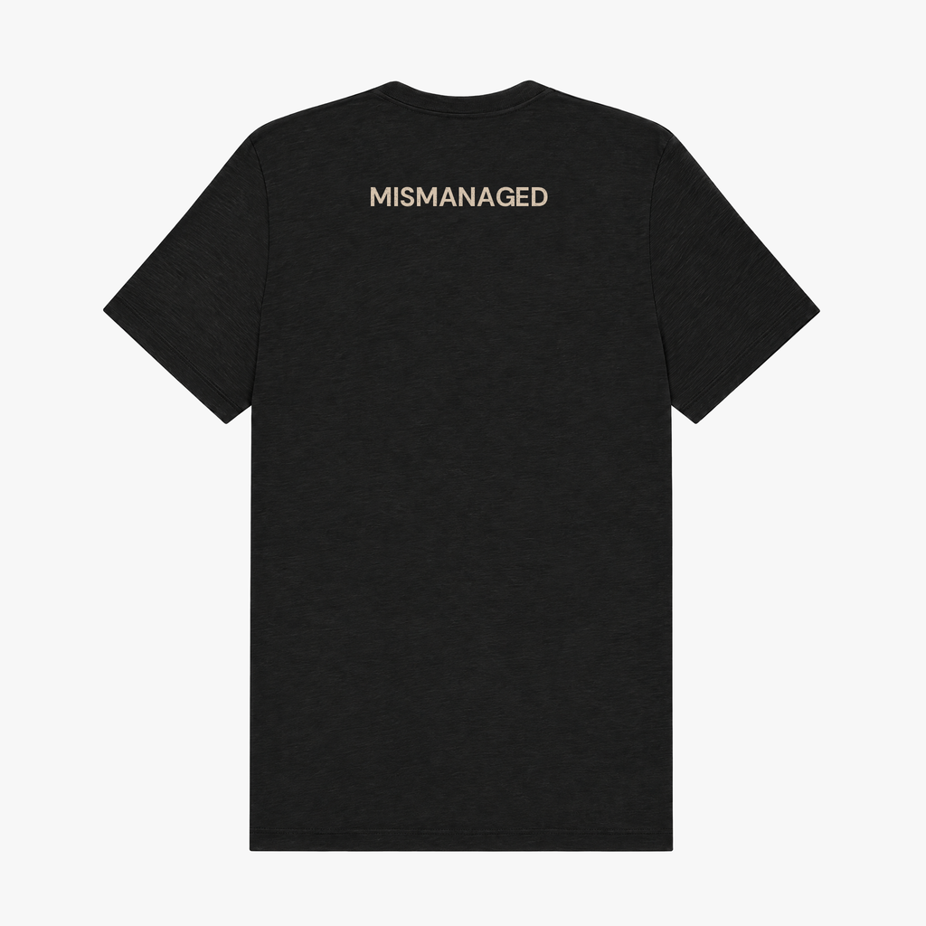 Net 30? Deez Nuts. tee in black, back view, small MISMANAGED wordmark, design mockup