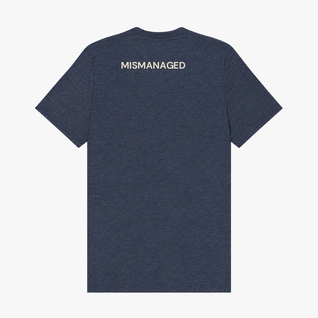 Profit: Rarely Seen Tee in navy, back view, small MISMANAGED wordmark, design mockup
