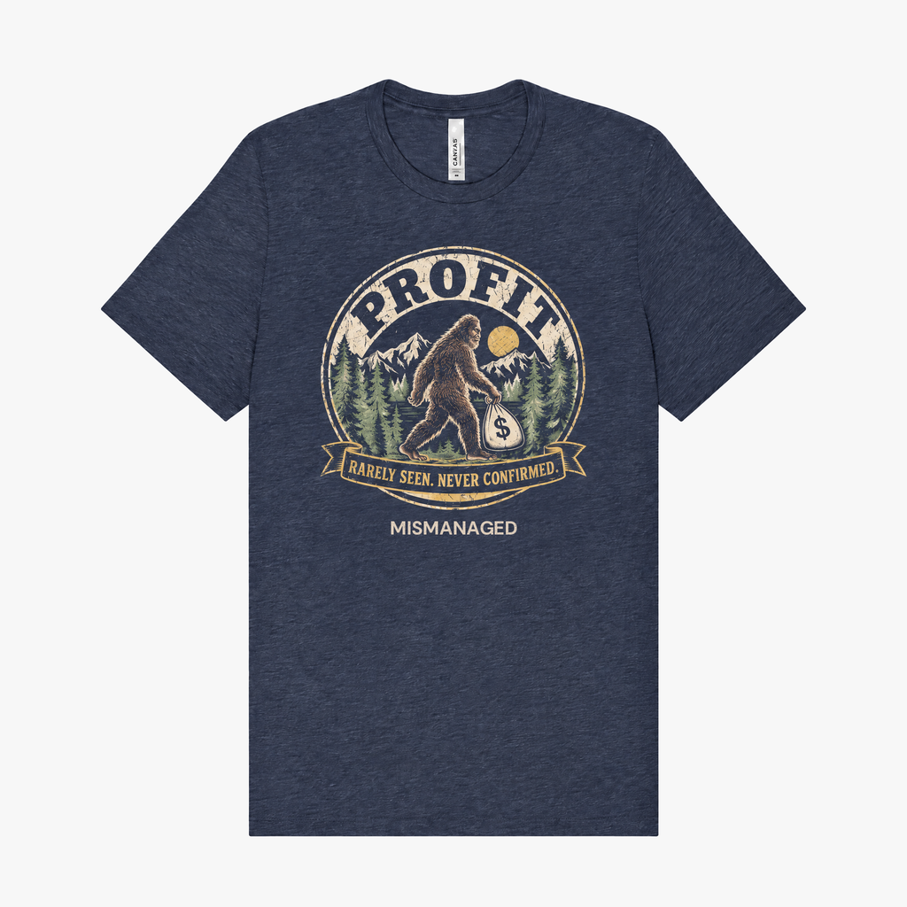 Profit: Rarely Seen Tee in navy, front view, vintage Profit: Rarely Seen lettering and a woodland creature, design mockup