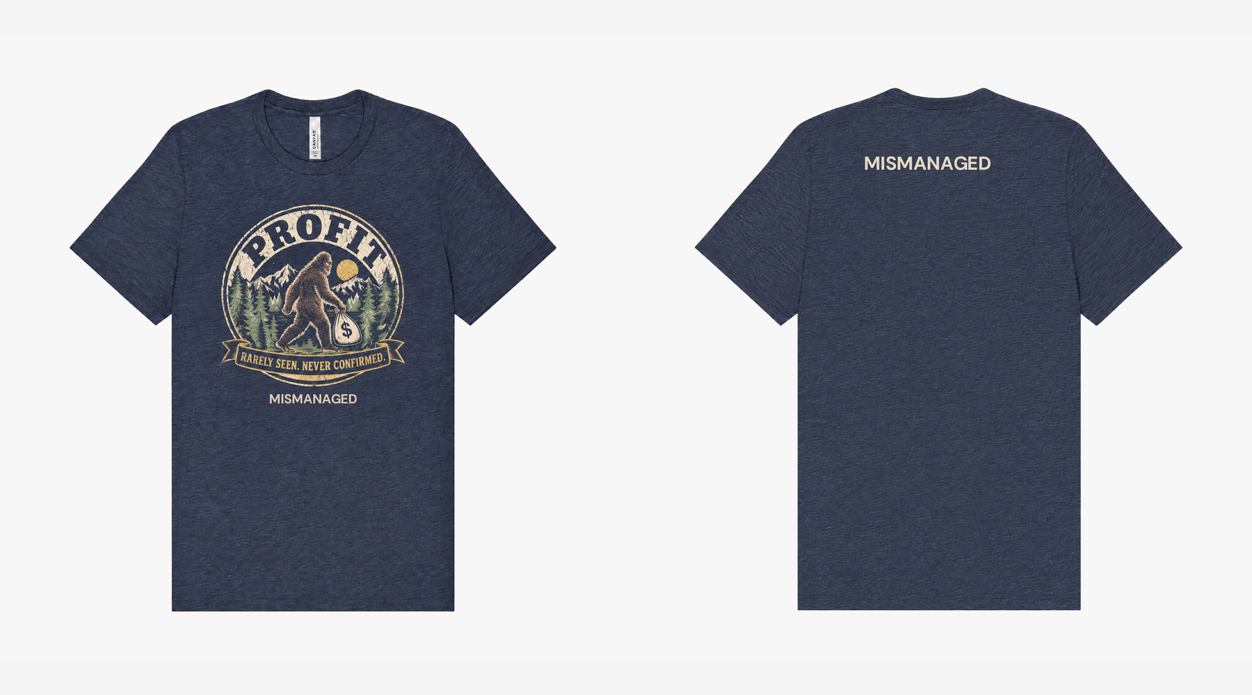 Profit: Rarely Seen Tee in navy, campaign view, front left and back right showing vintage Profit: Rarely Seen lettering and a woodland creature and small MISMANAGED wordmark, design mockup