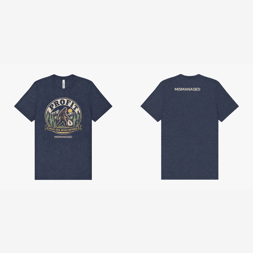 Profit: Rarely Seen Tee in navy, pair view, front left and back right showing vintage Profit: Rarely Seen lettering and a woodland creature and small MISMANAGED wordmark, design mockup