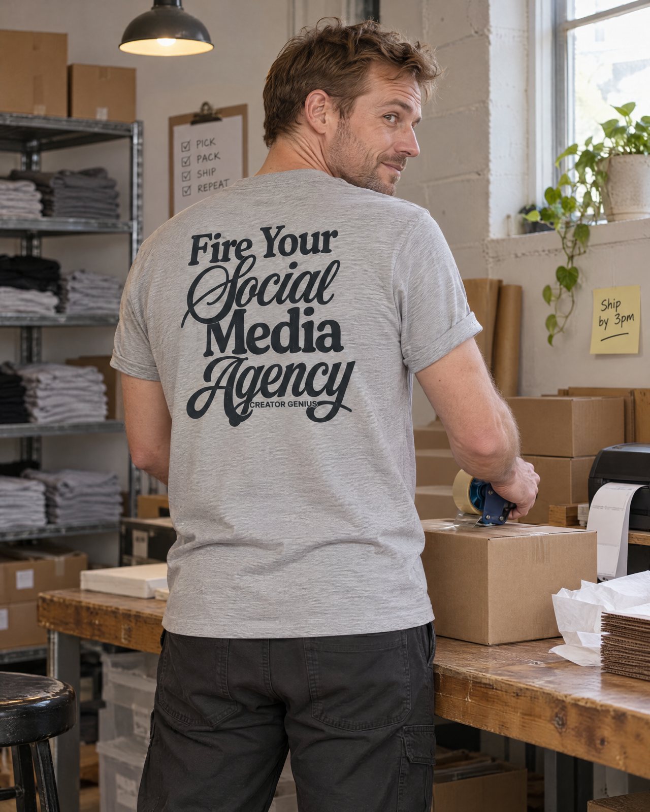 Model wearing the Fire Your Agency heather tee, back view, in a shop, lifestyle view